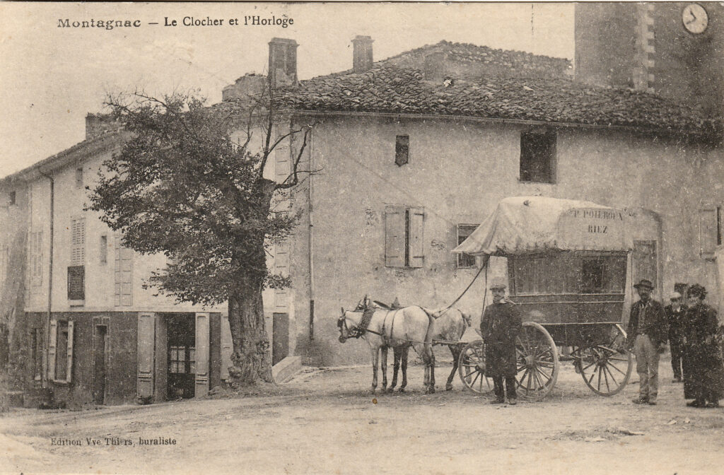Vue du village de Montagnac, diligence de Riez, ancienne carte postale